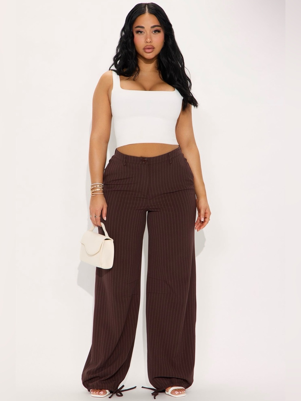 Wide Leg Pinstripe Pants in Dark Brown